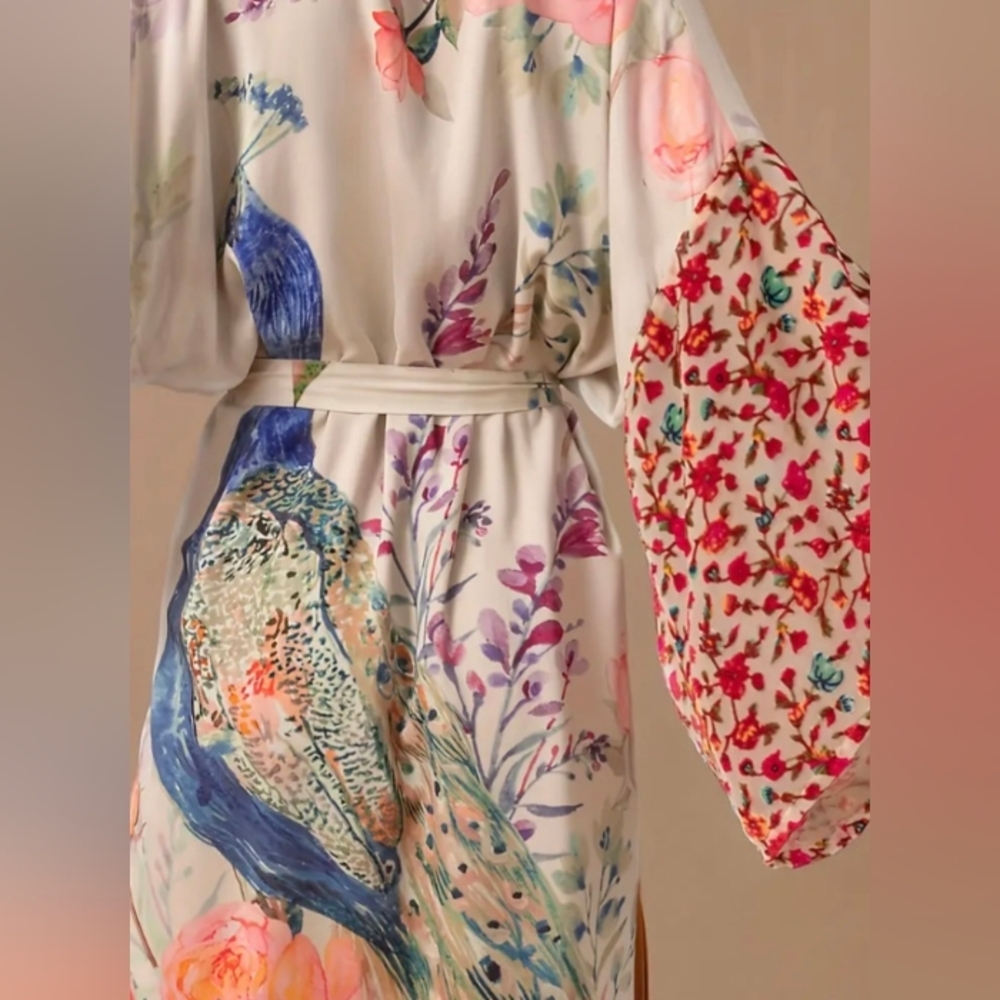 Floral Peacock Satin Robe with Bell Sleeves - White/Pink - Picture 4 of 13
